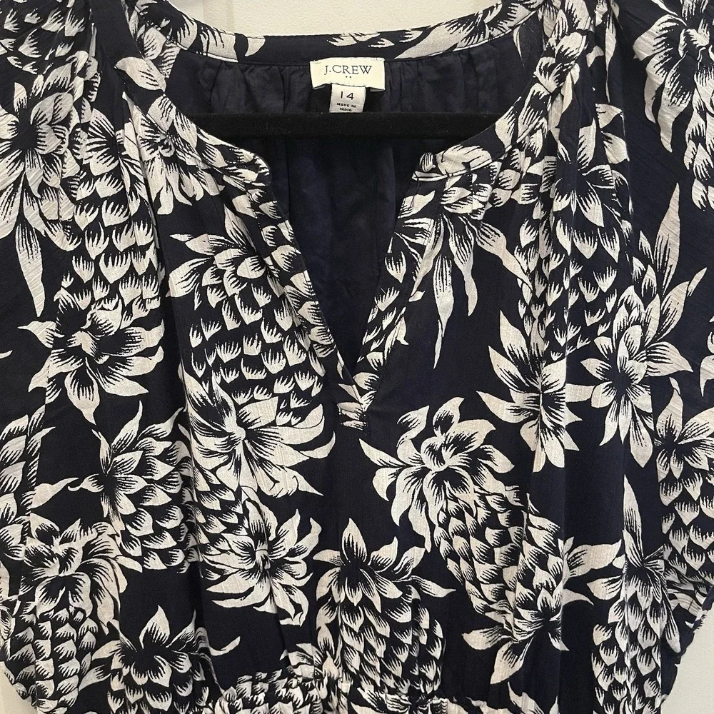 J.Crew 14 Pineapple Print Crinkle‎ Midi Dress Flutter Sleeves Pockets Navy White